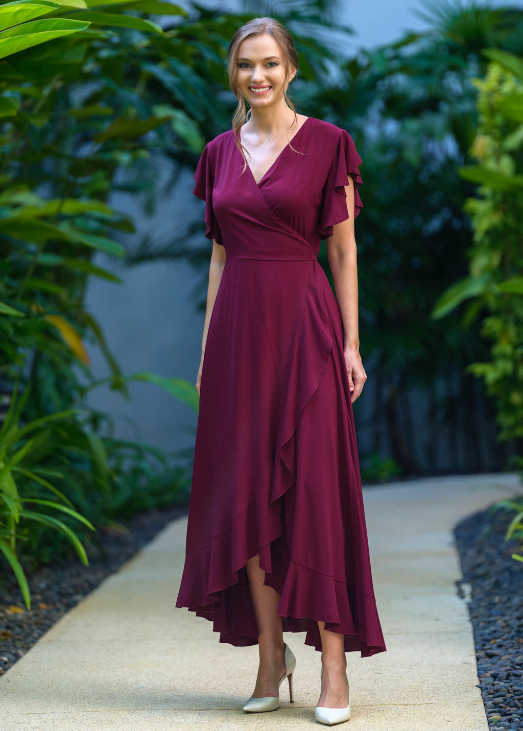 Burgundy romantic wrap dress