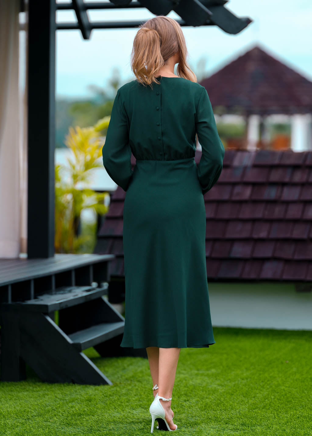 Dark green chiffon mid-calf dress