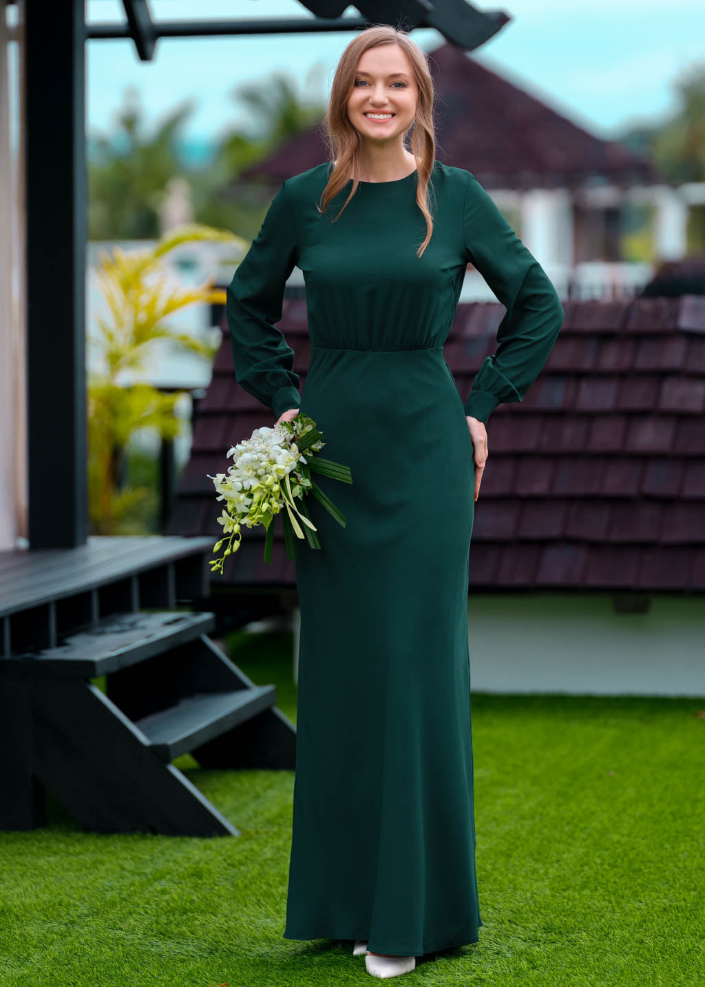 Dark green chiffon long dress