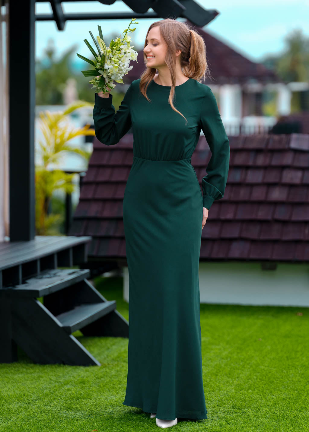 Dark green chiffon long dress