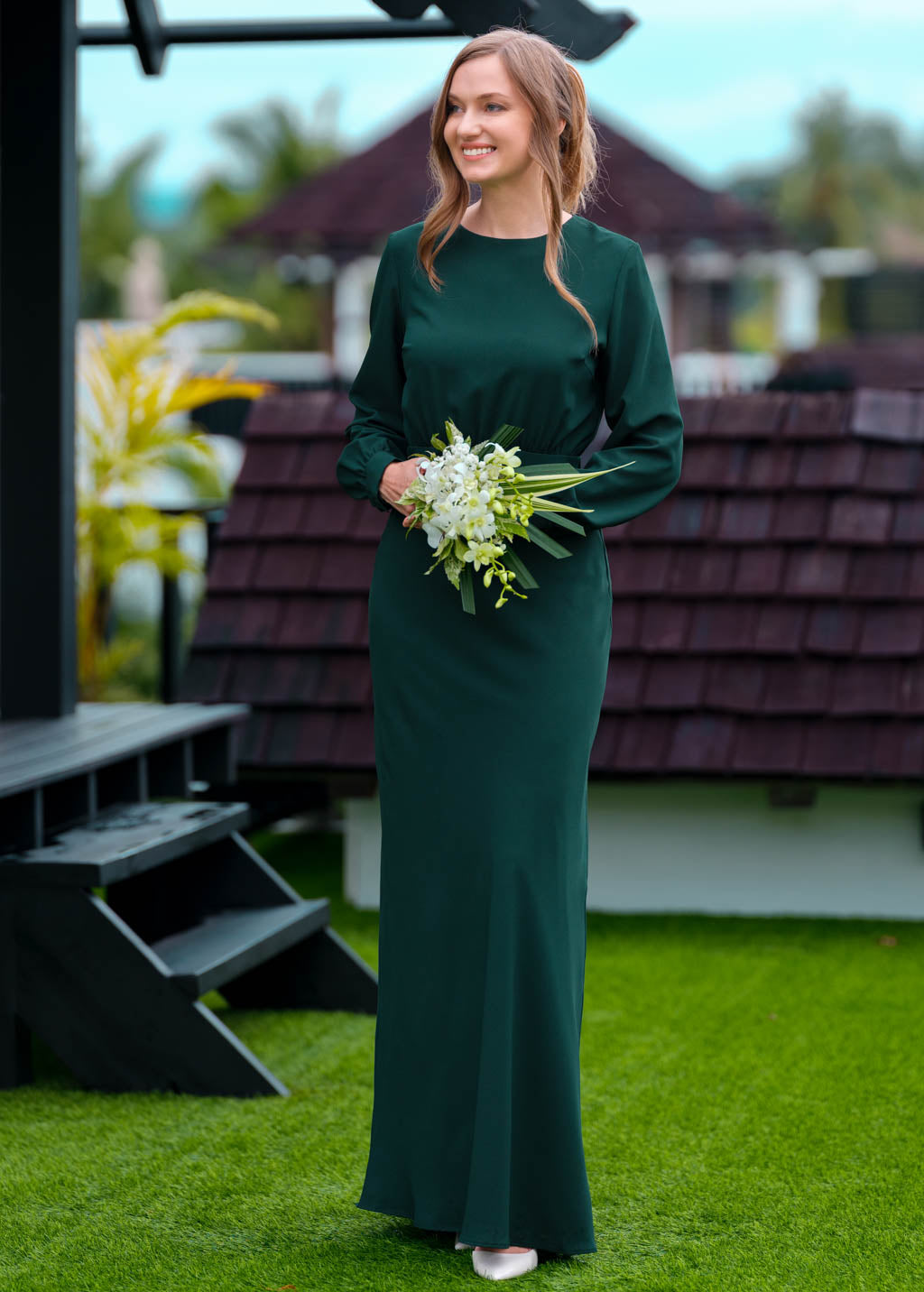 Dark green chiffon long dress