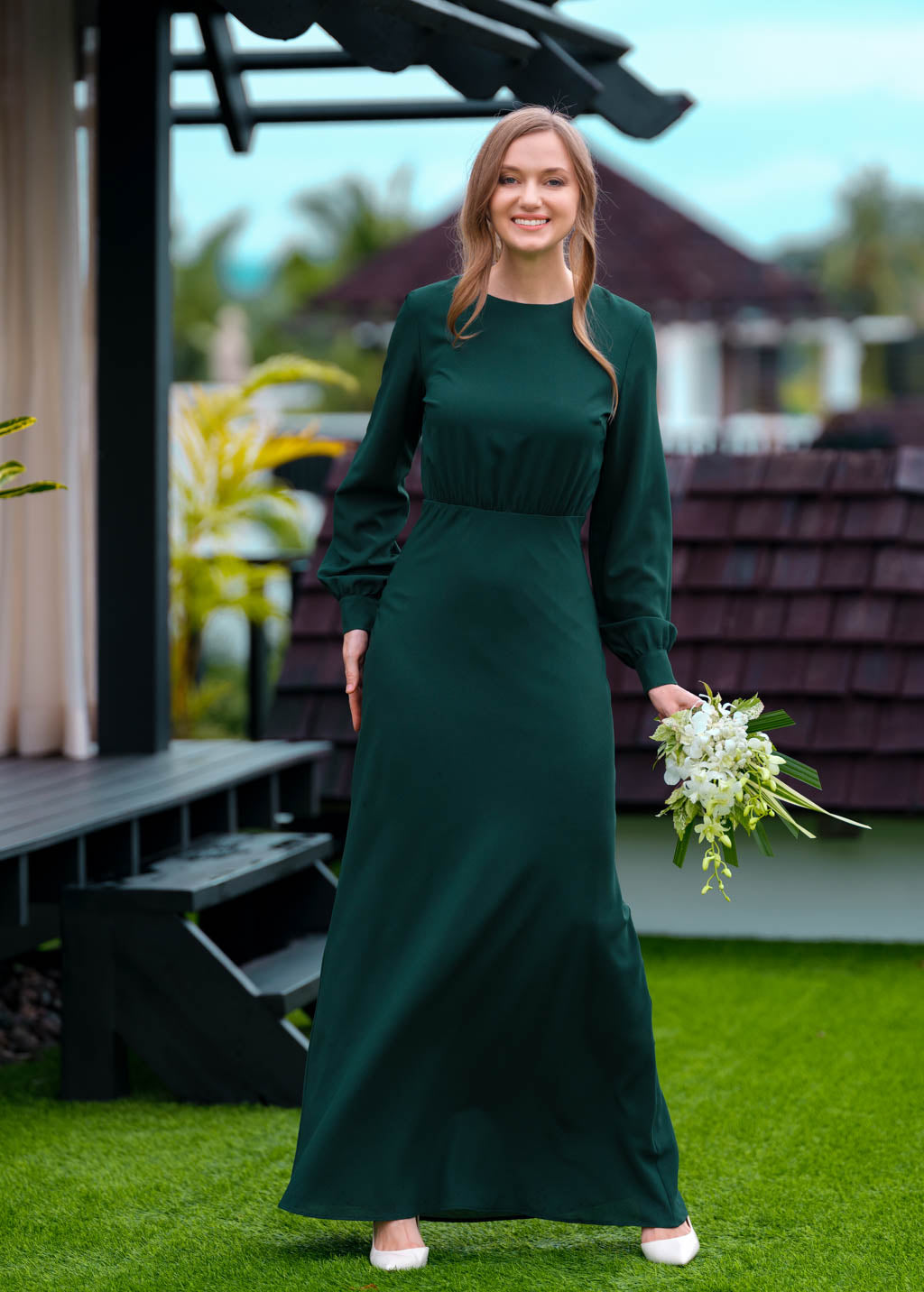 Dark green chiffon long dress
