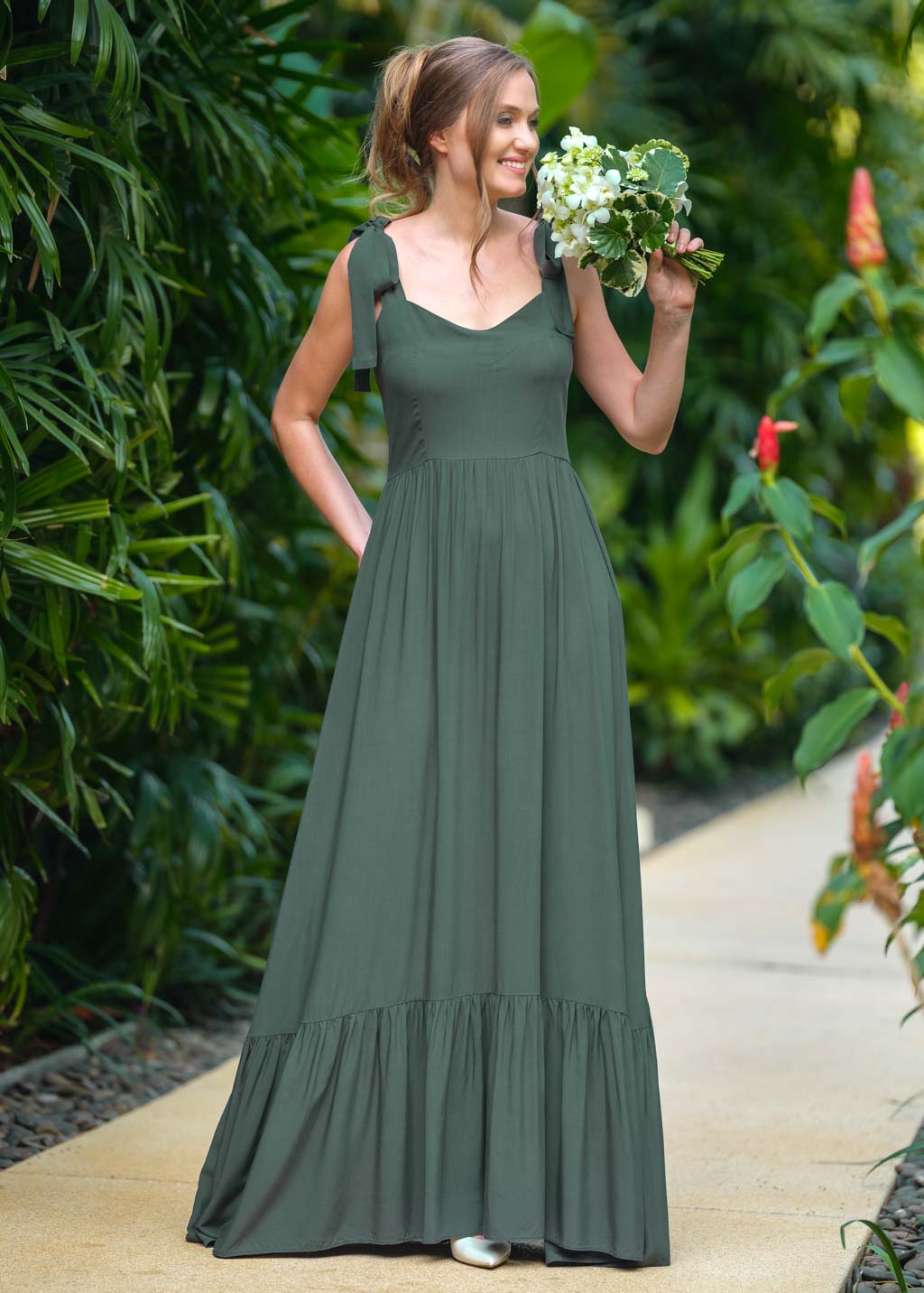 Dark green romantic long dress
