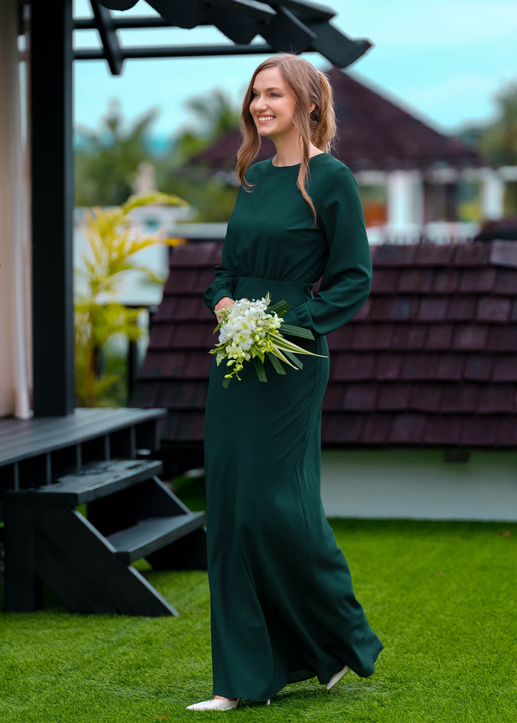 Dark green chiffon long dress