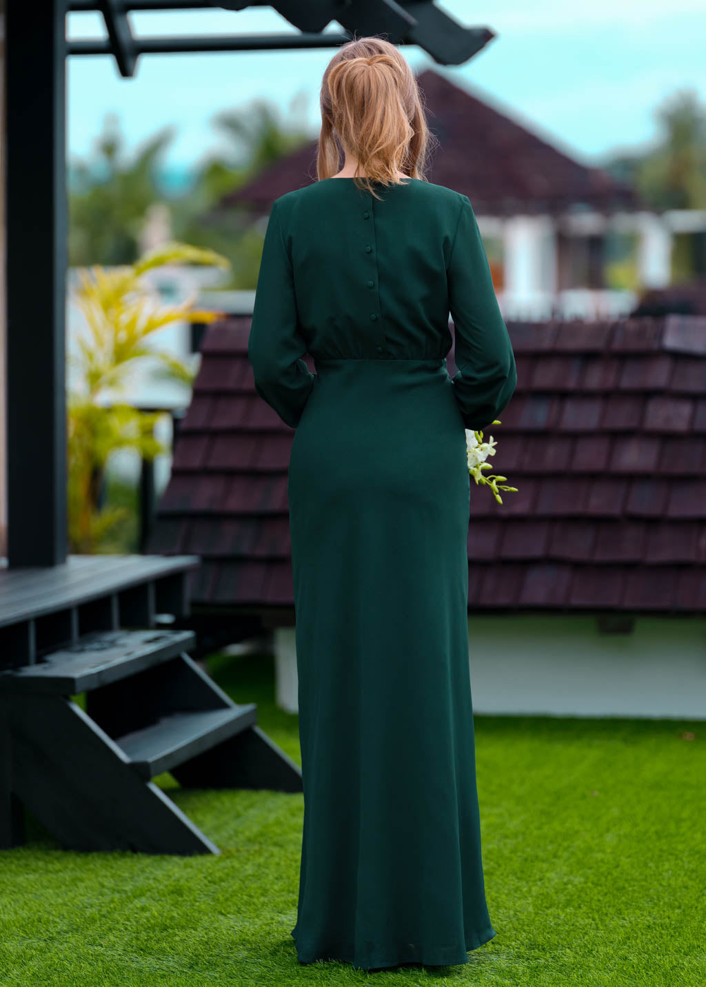 Dark green chiffon long dress