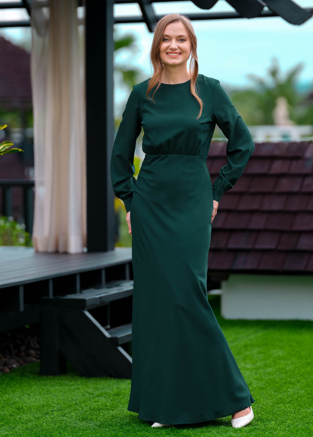 Dark green chiffon long dress