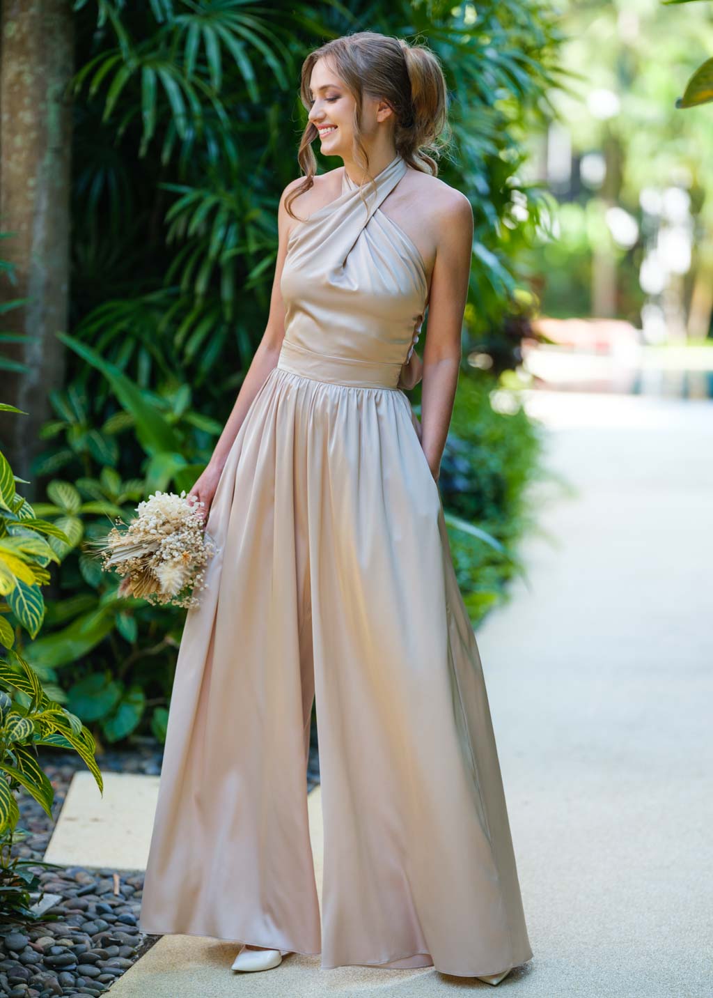 Champagne beige open back halter silk jumpsuit