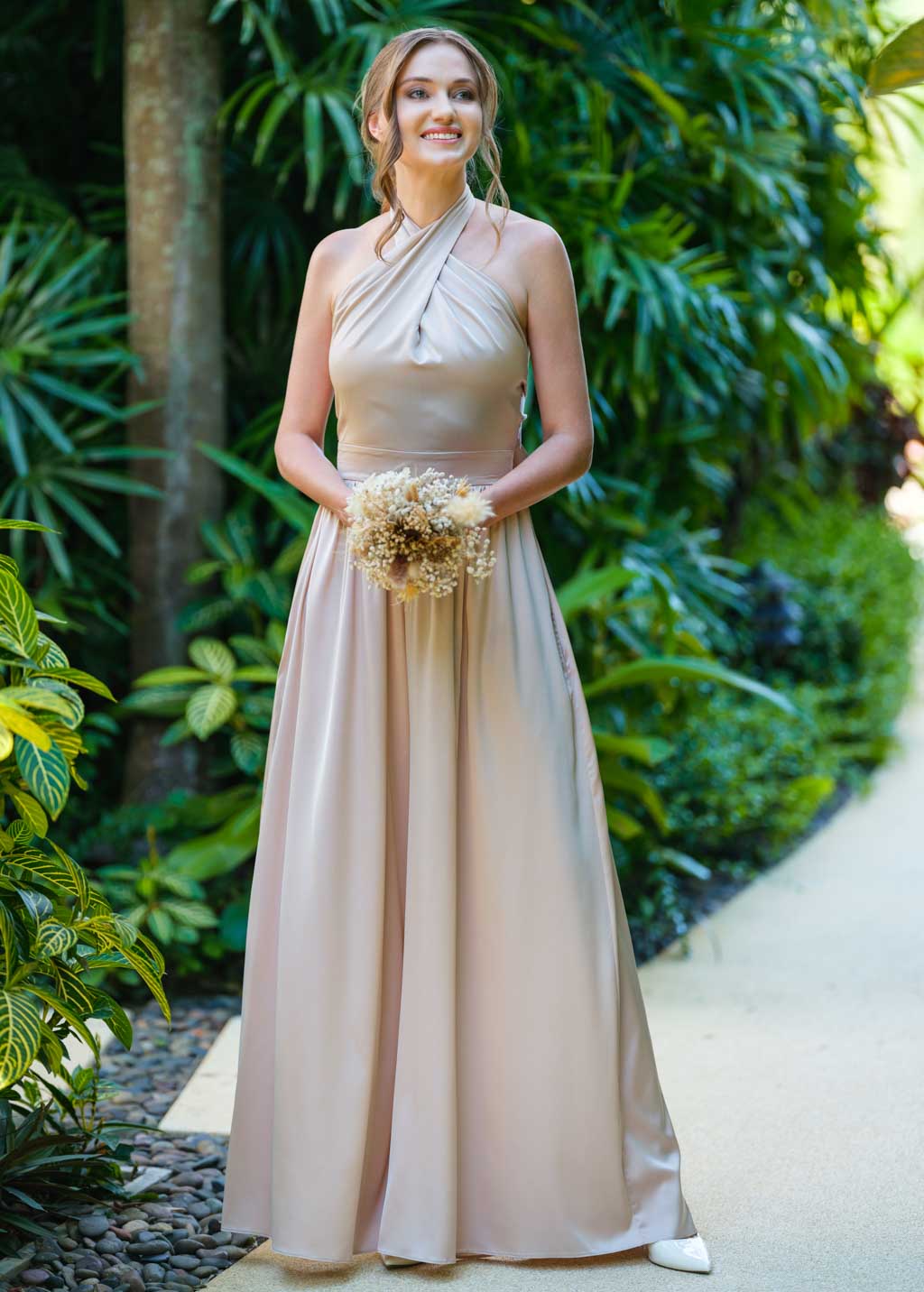 Champagne beige open back halter silk jumpsuit