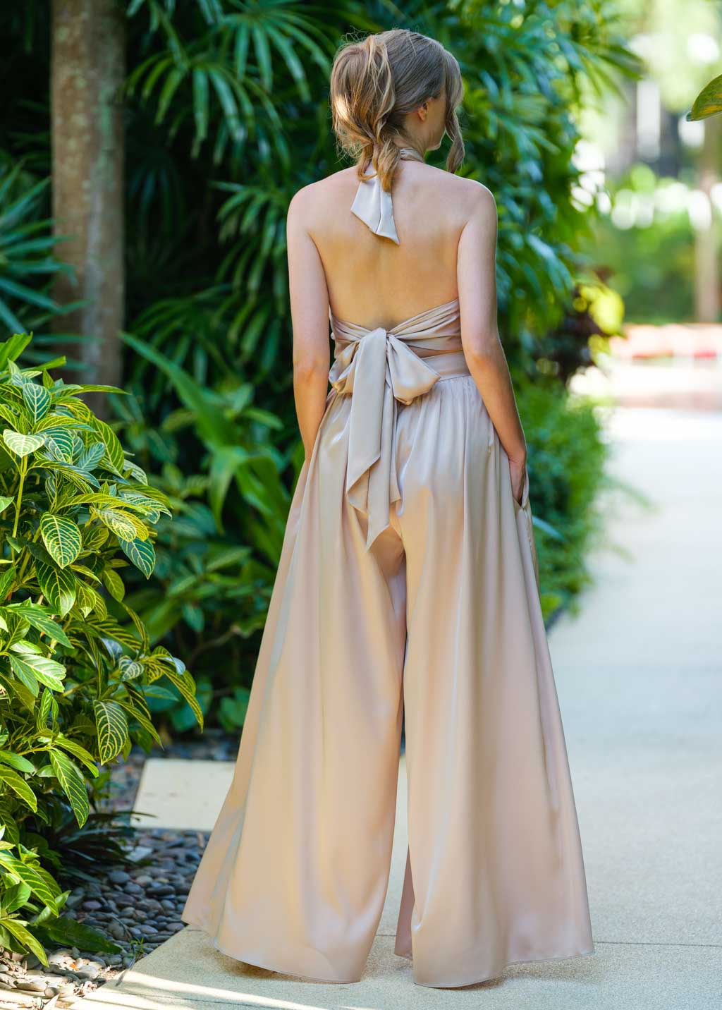 Champagne beige open back halter silk jumpsuit