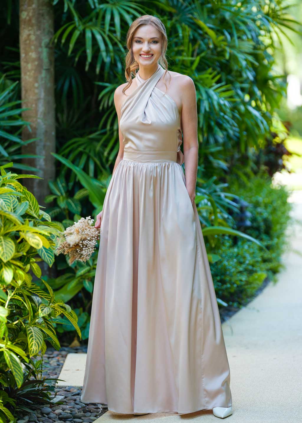 Champagne beige open back halter silk jumpsuit
