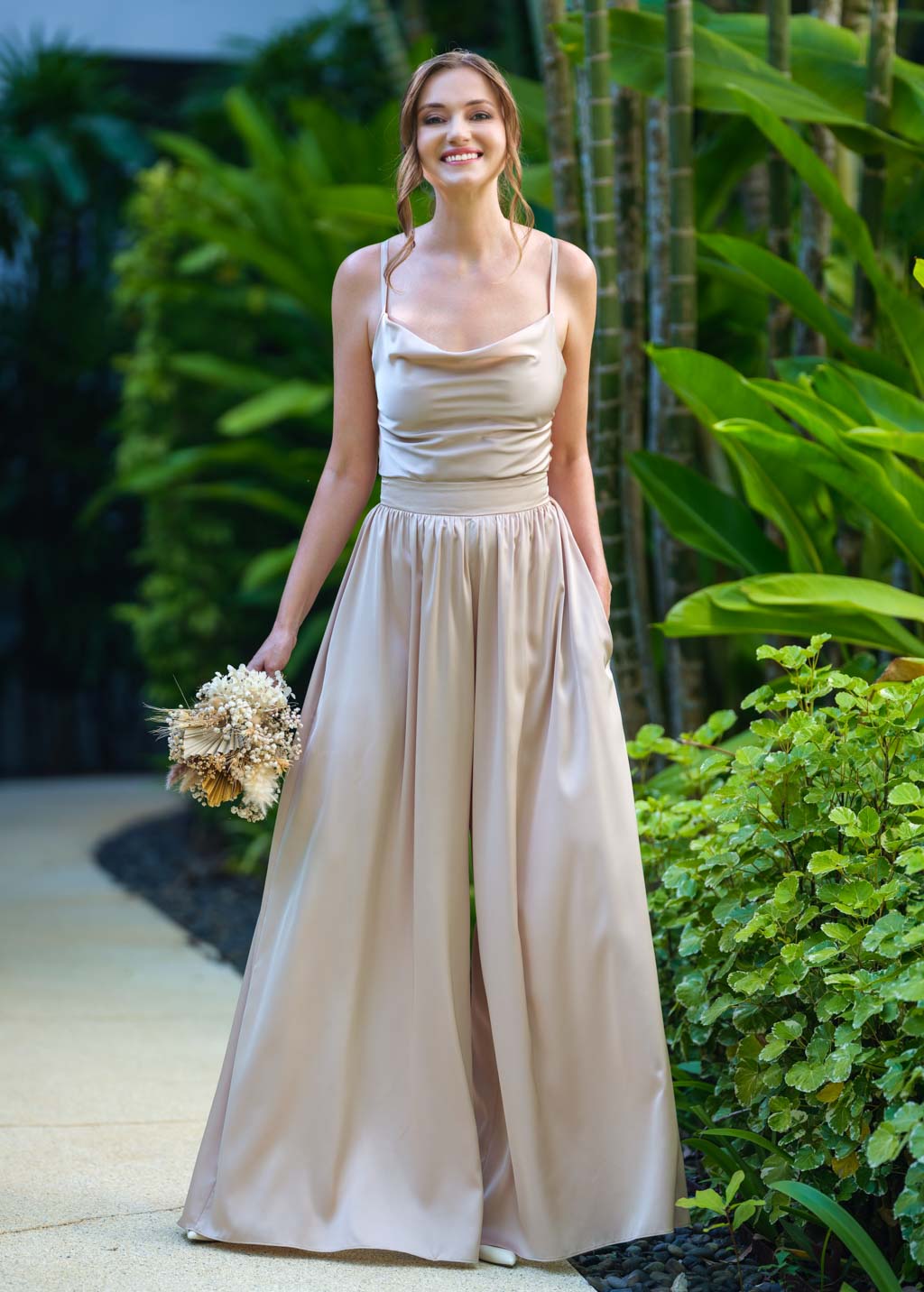 Champagne beige open back silk jumpsuit