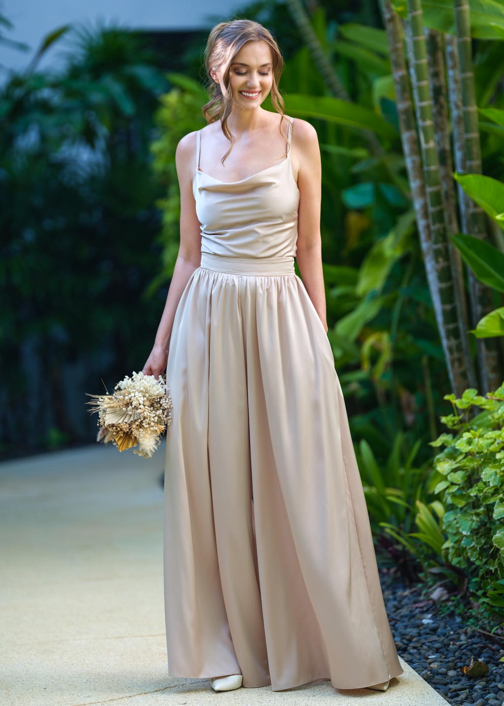 Champagne beige open back silk jumpsuit