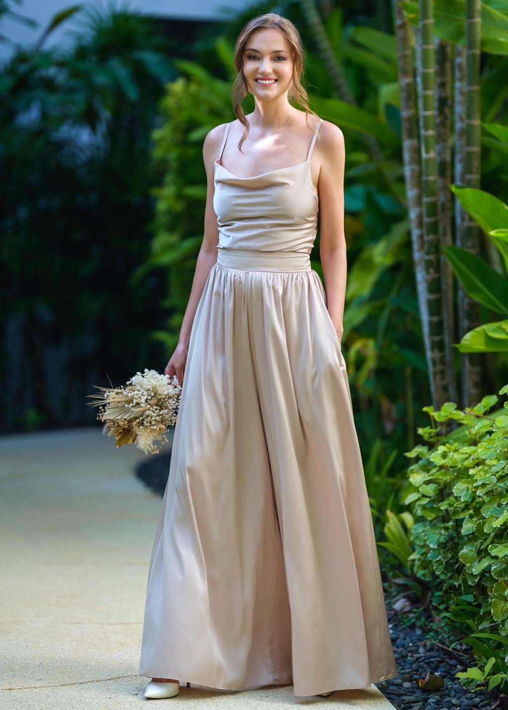 Champagne beige open back silk jumpsuit