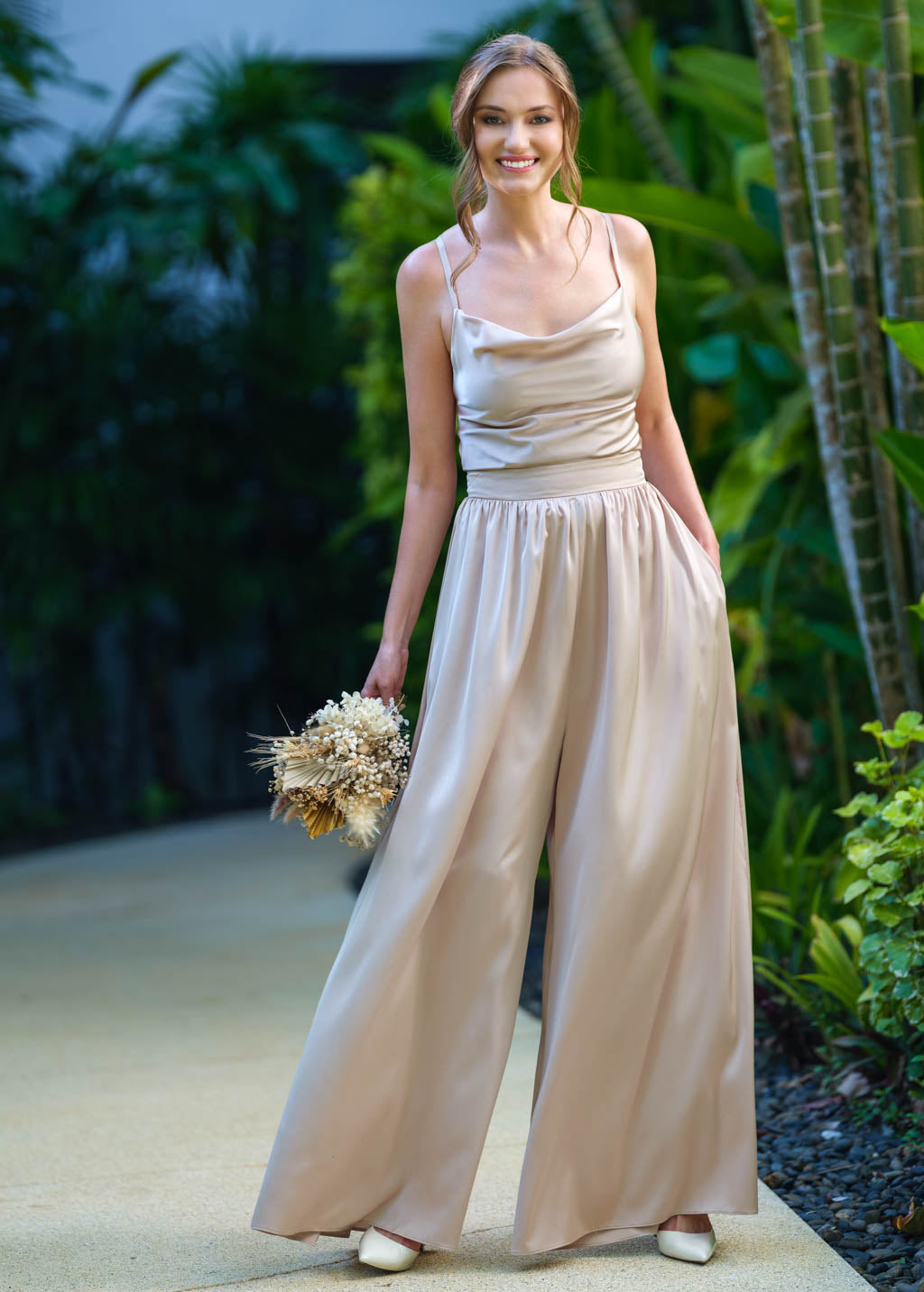 Champagne beige open back silk jumpsuit