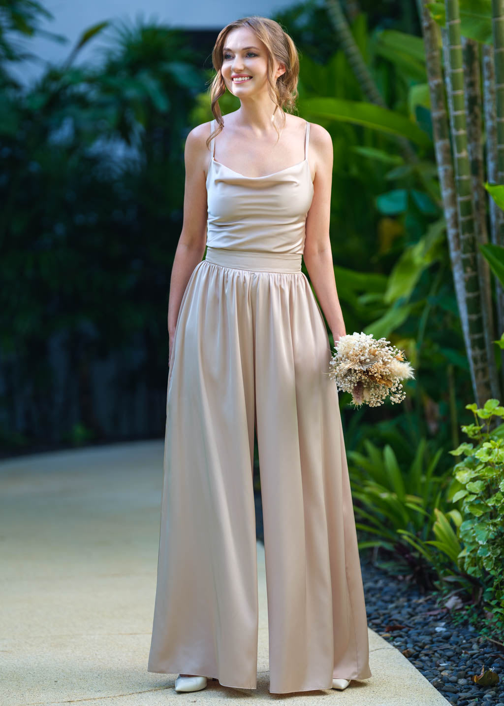 Champagne beige open back silk jumpsuit