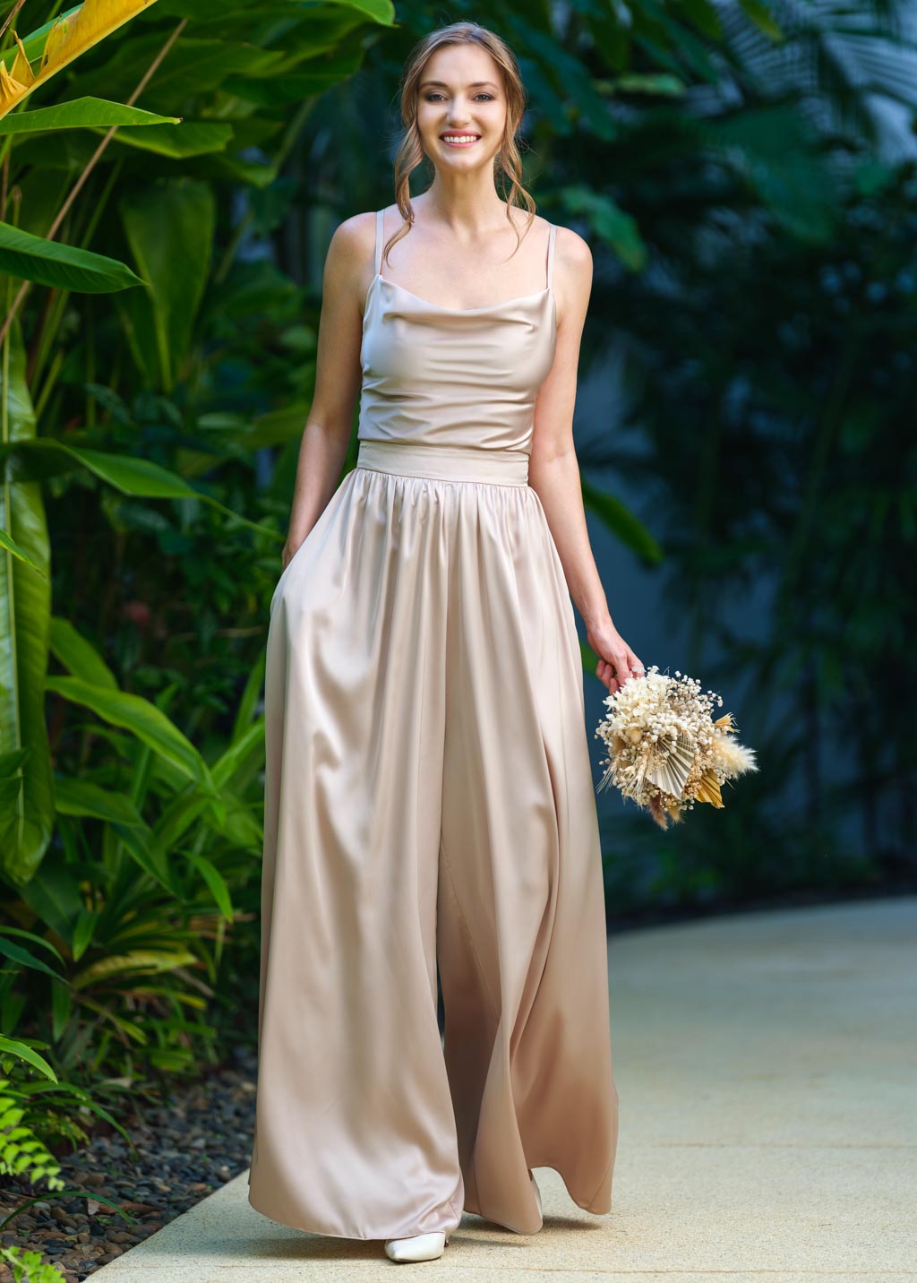 Champagne beige open back silk jumpsuit