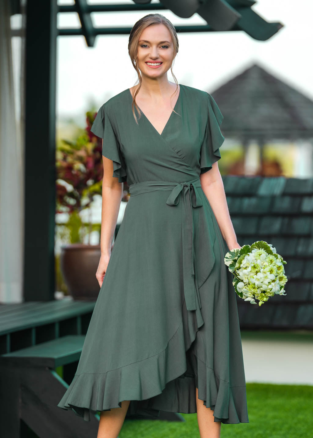Dark Green romantic wrap dress