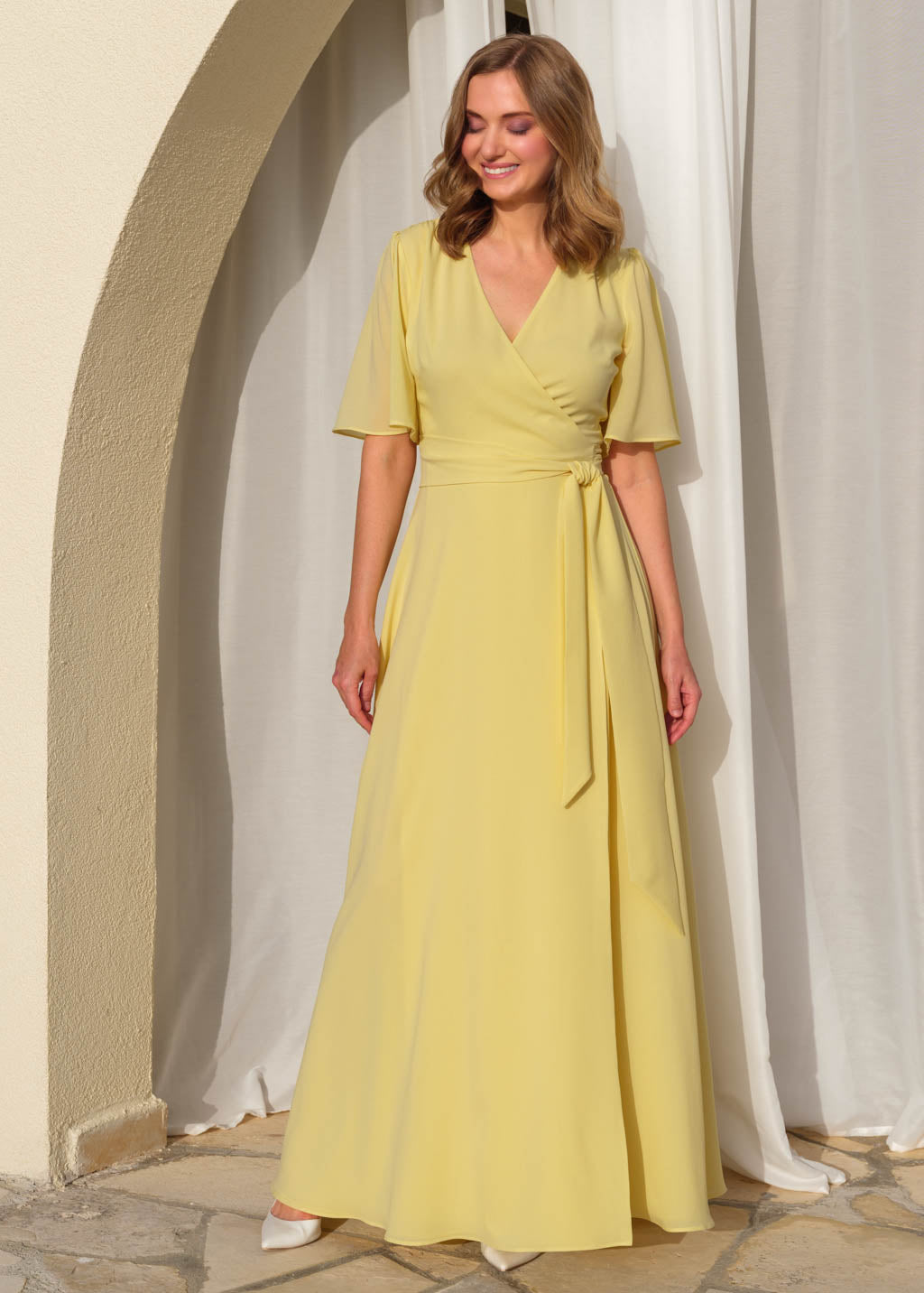 Lemon sorbet chiffon long wrap dress