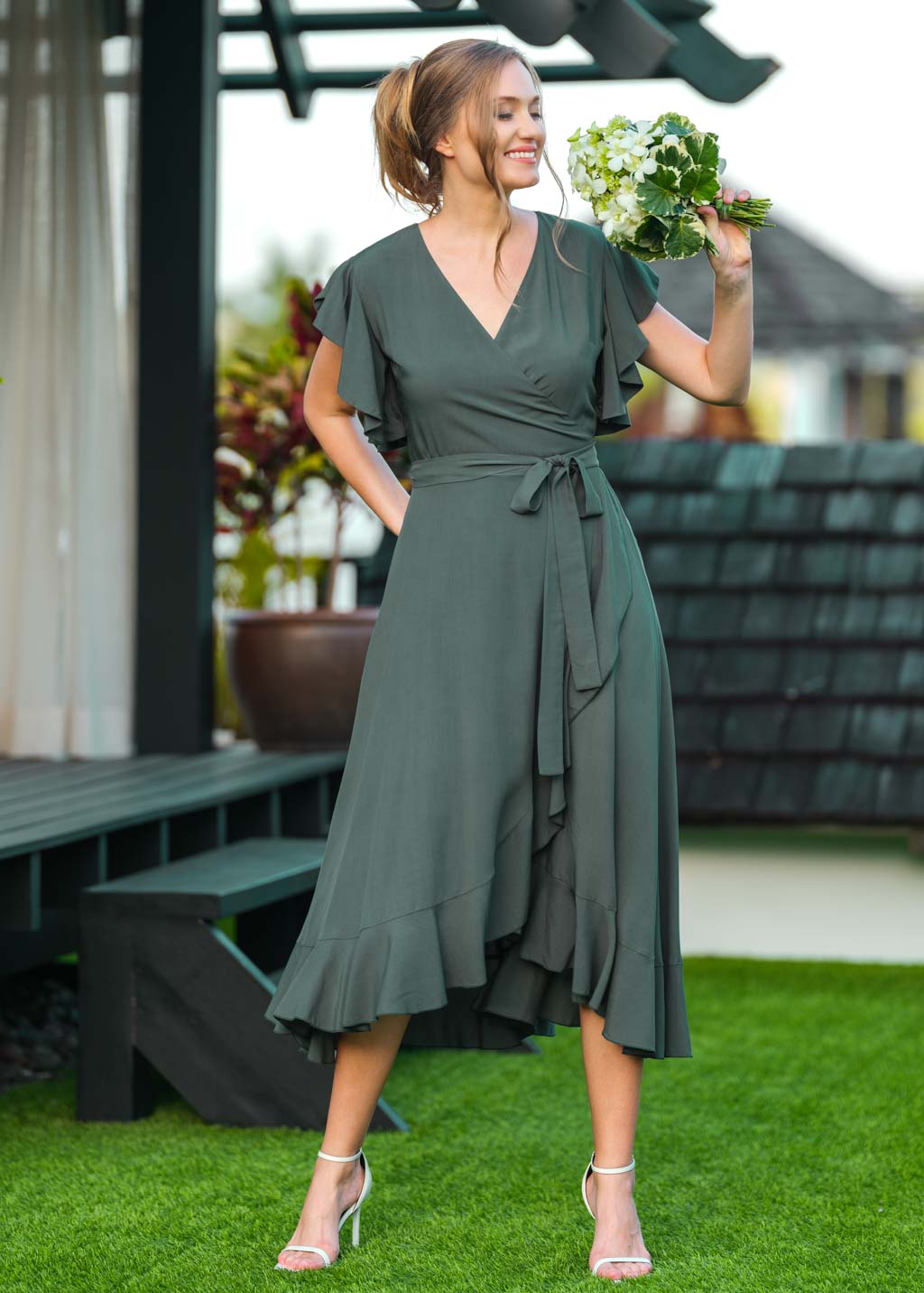 Dark Green romantic wrap dress