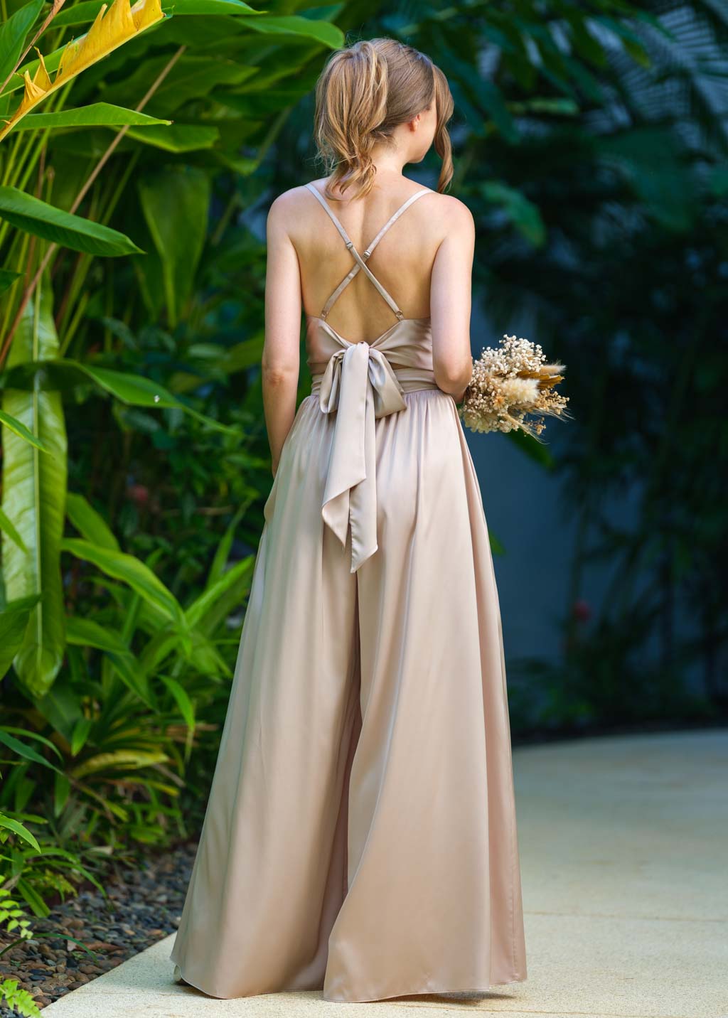 Champagne beige open back silk jumpsuit