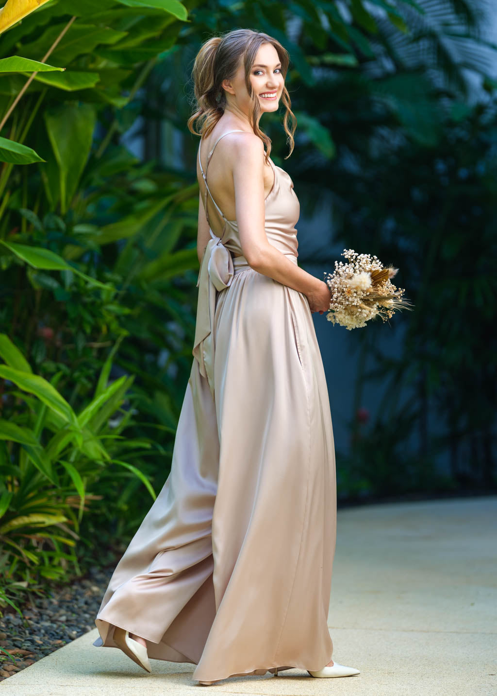 Champagne beige open back silk jumpsuit