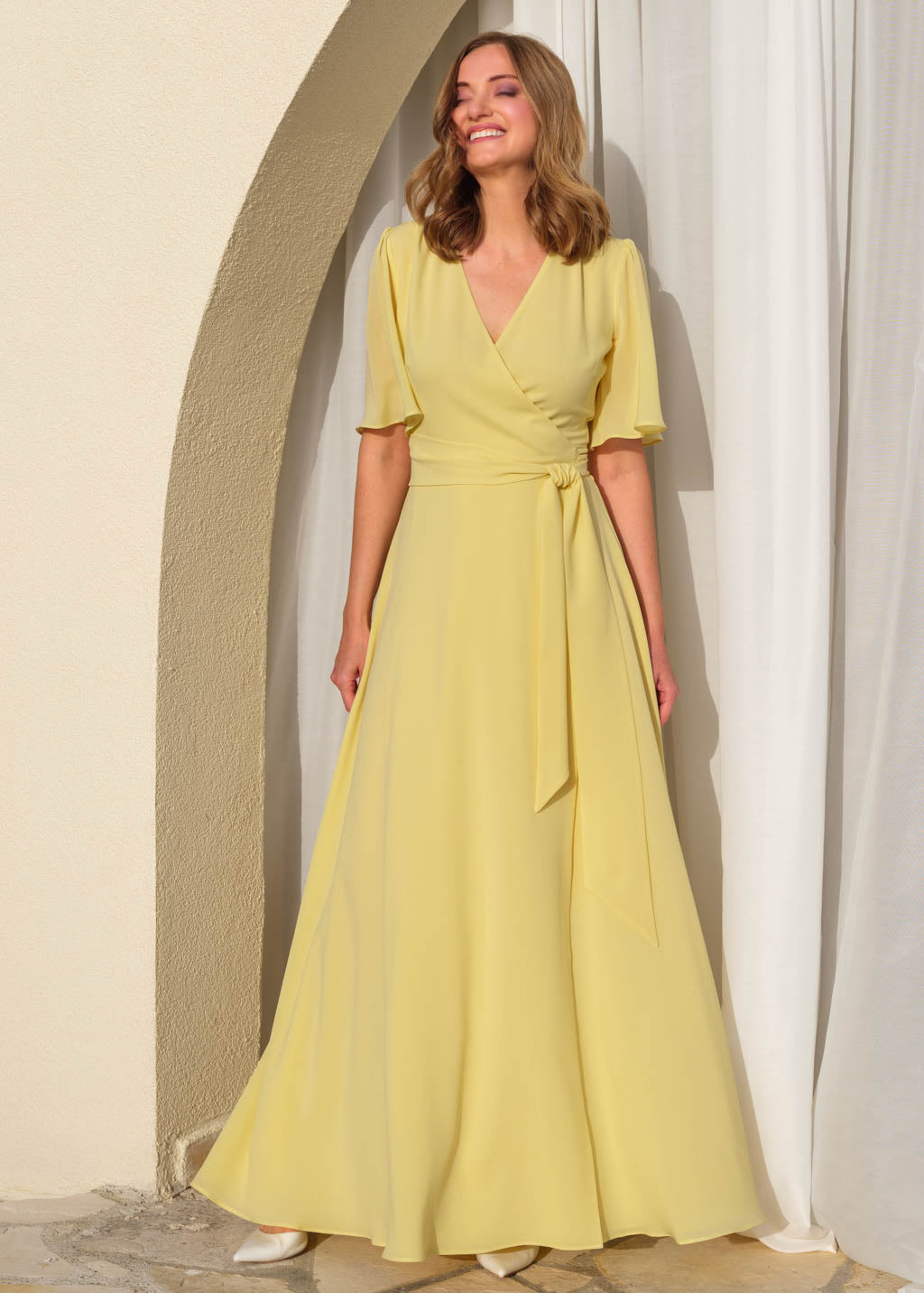 Lemon sorbet chiffon long wrap dress