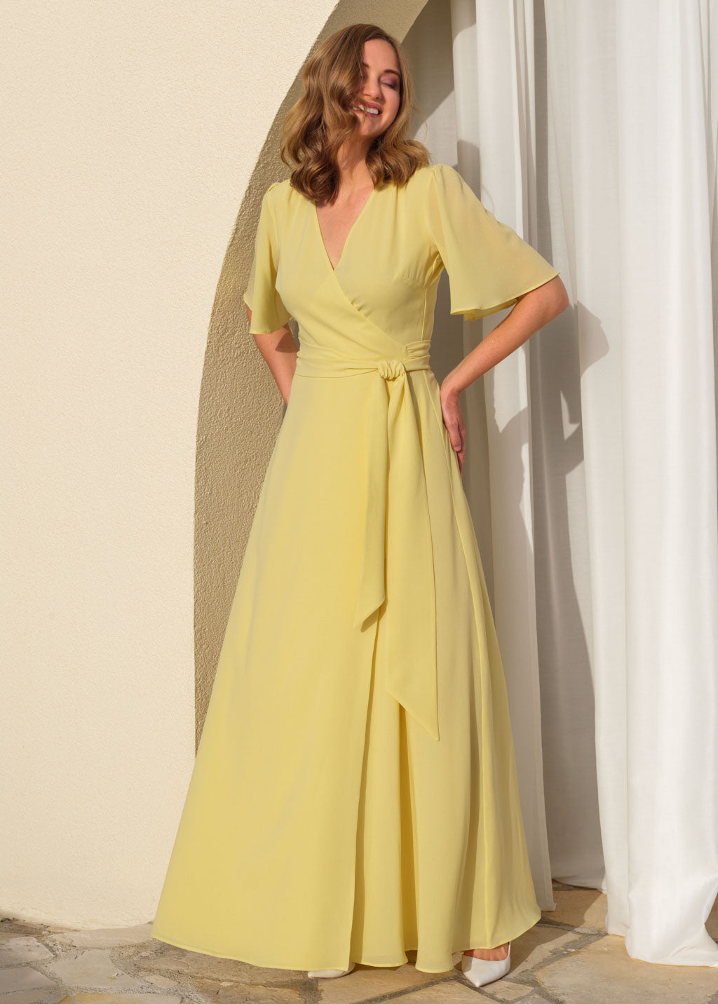 Lemon sorbet chiffon long wrap dress