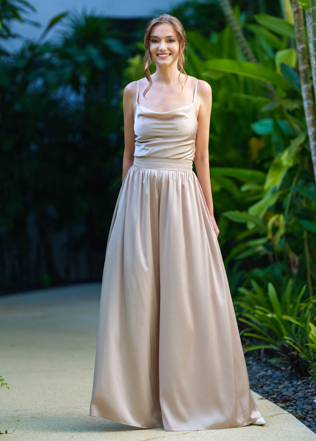 Champagne beige open back silk jumpsuit