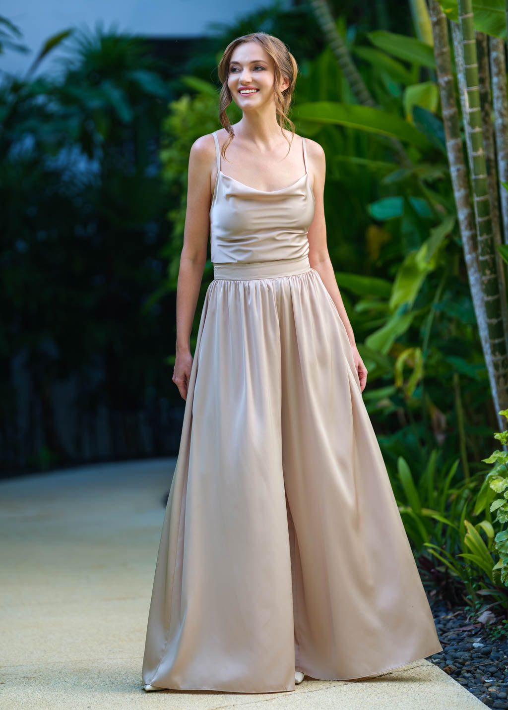 Champagne beige open back silk jumpsuit