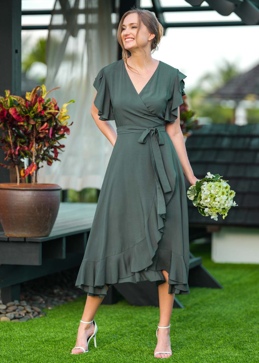 Dark Green romantic wrap dress