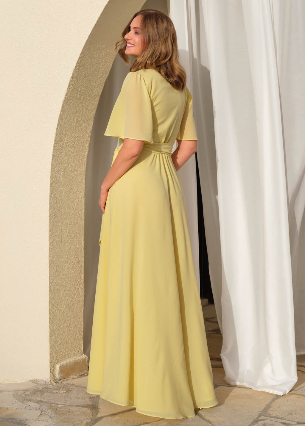 Lemon sorbet chiffon long wrap dress