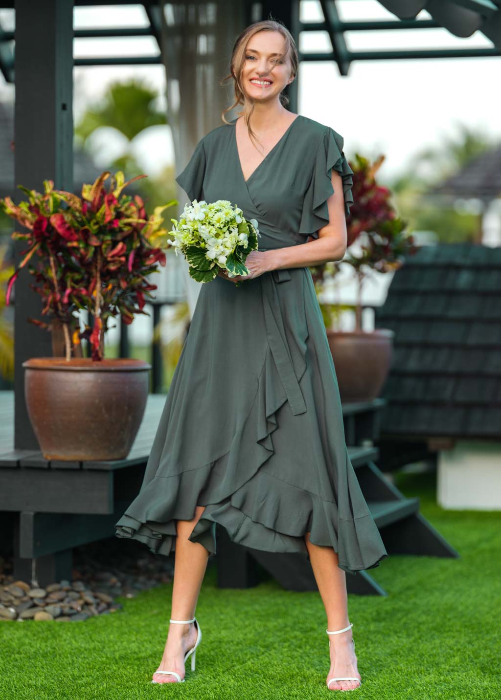 Dark Green romantic wrap dress