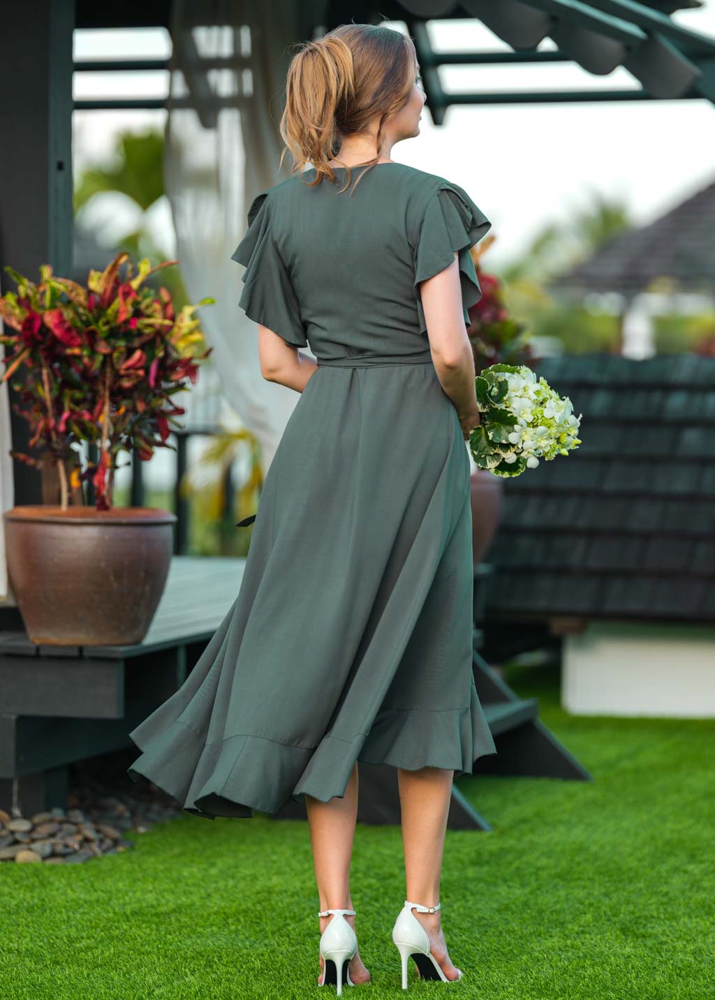 Dark Green romantic wrap dress