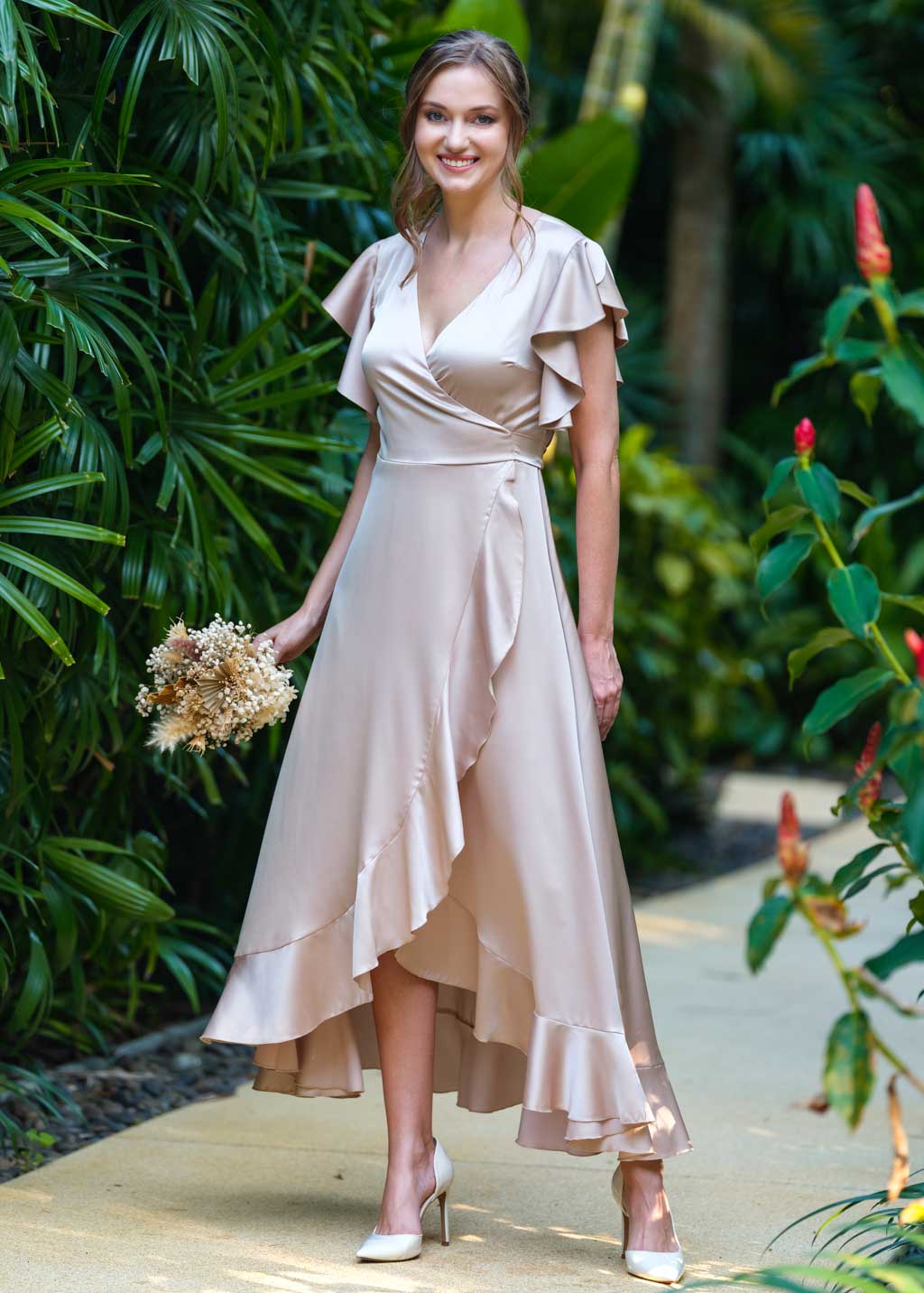 Champagne beige wrap silk dress