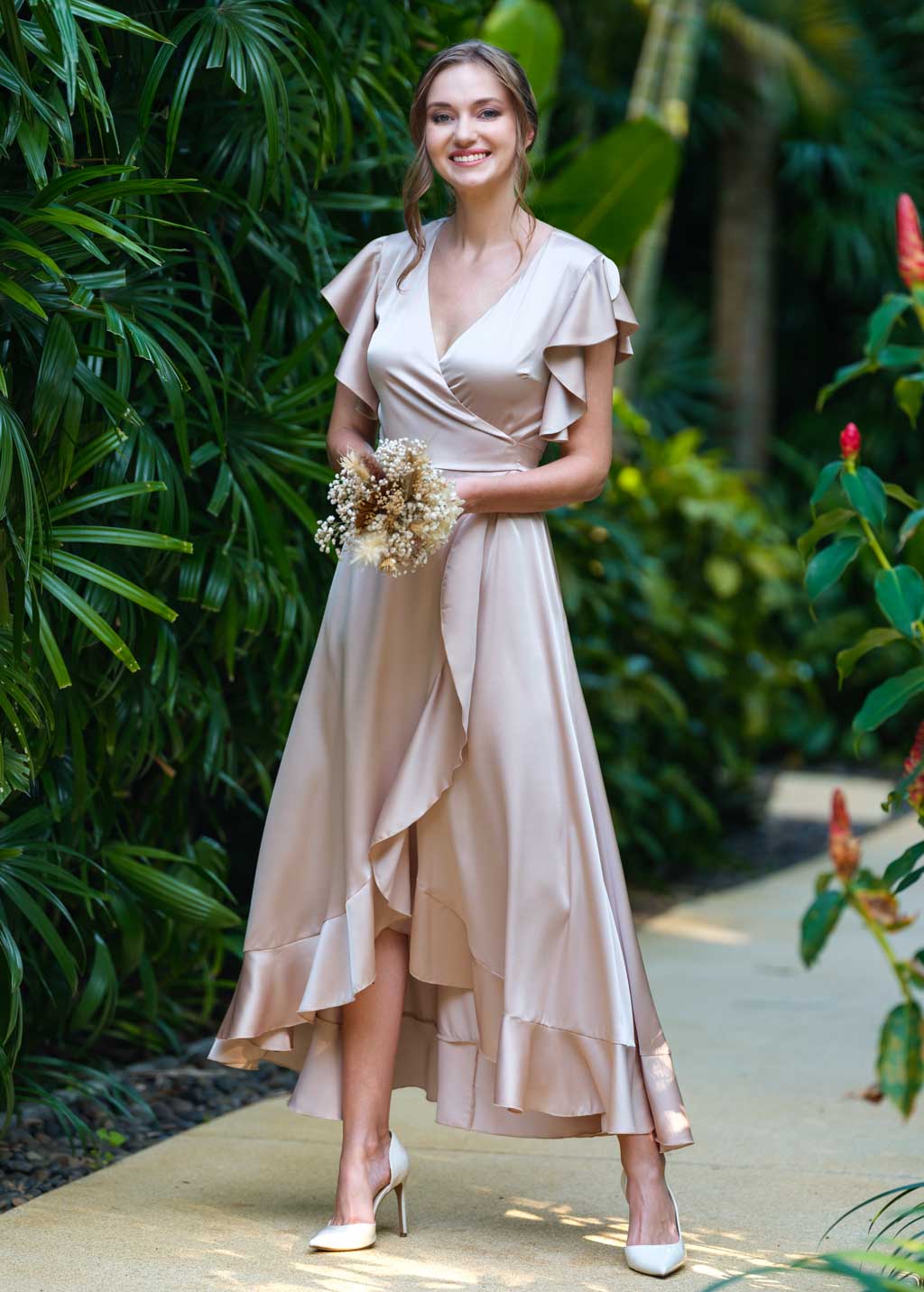 Champagne beige wrap silk dress