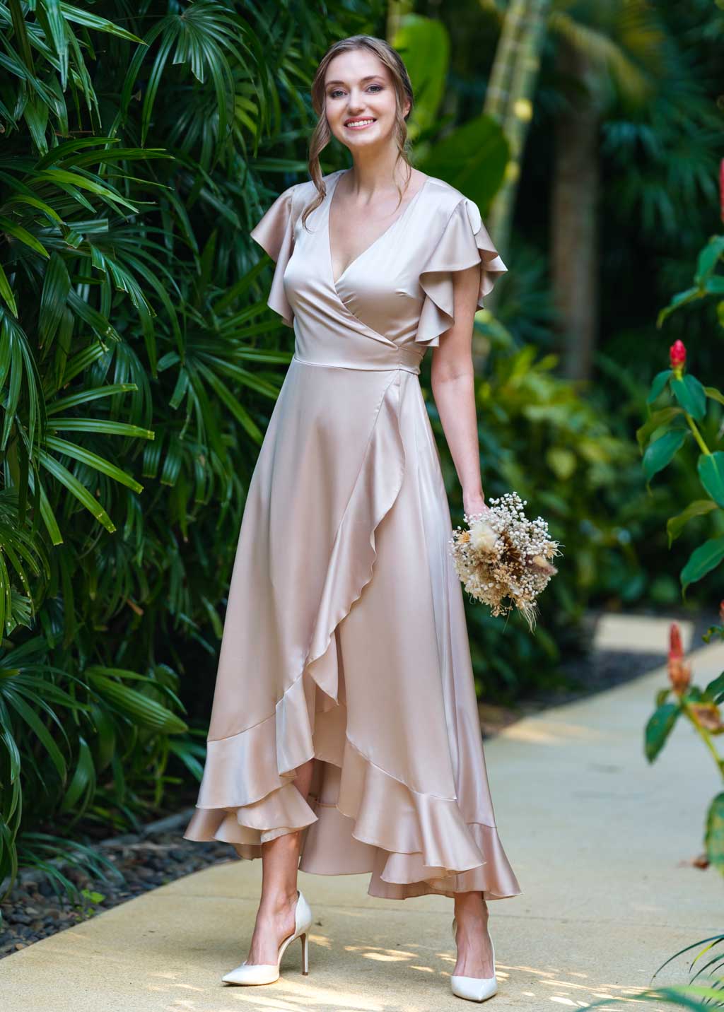 Champagne beige wrap silk dress