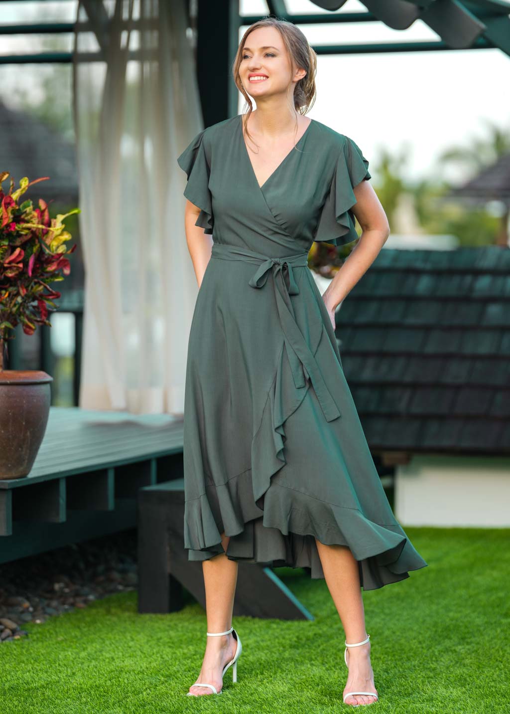 Dark Green romantic wrap dress
