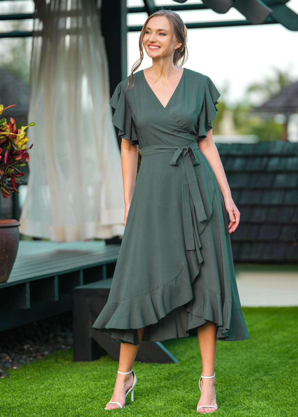 Dark Green romantic wrap dress