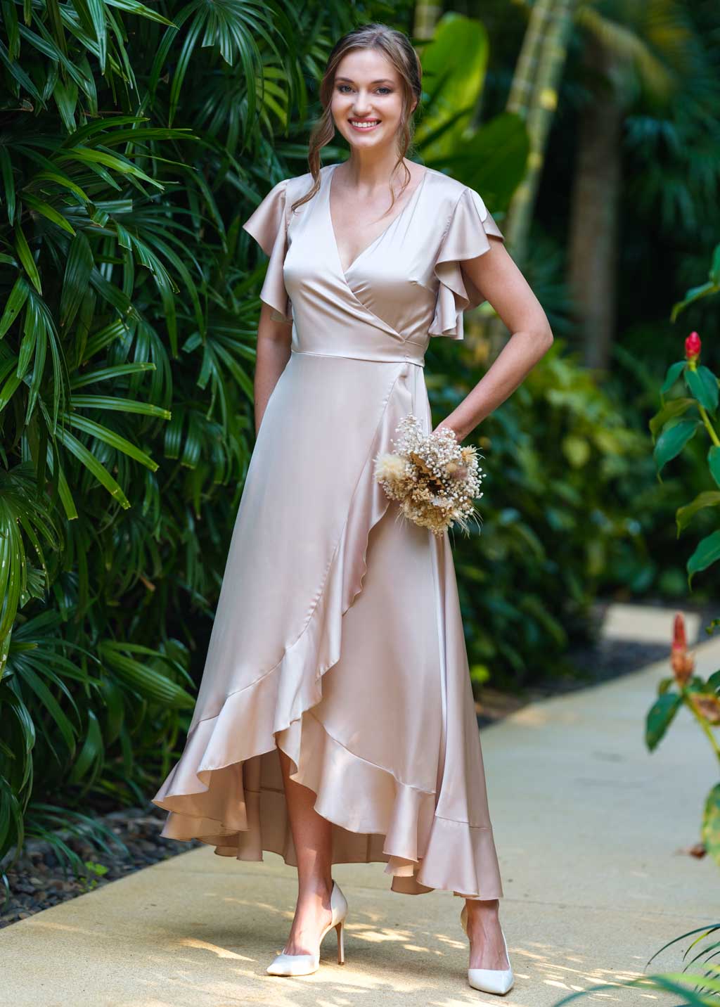 Champagne beige wrap silk dress