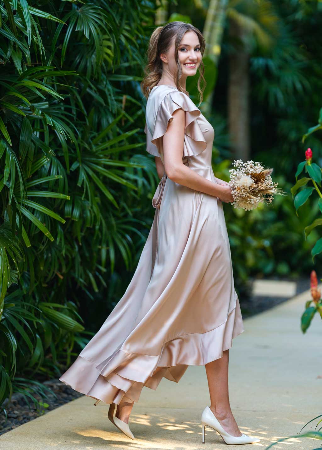 Champagne beige wrap silk dress