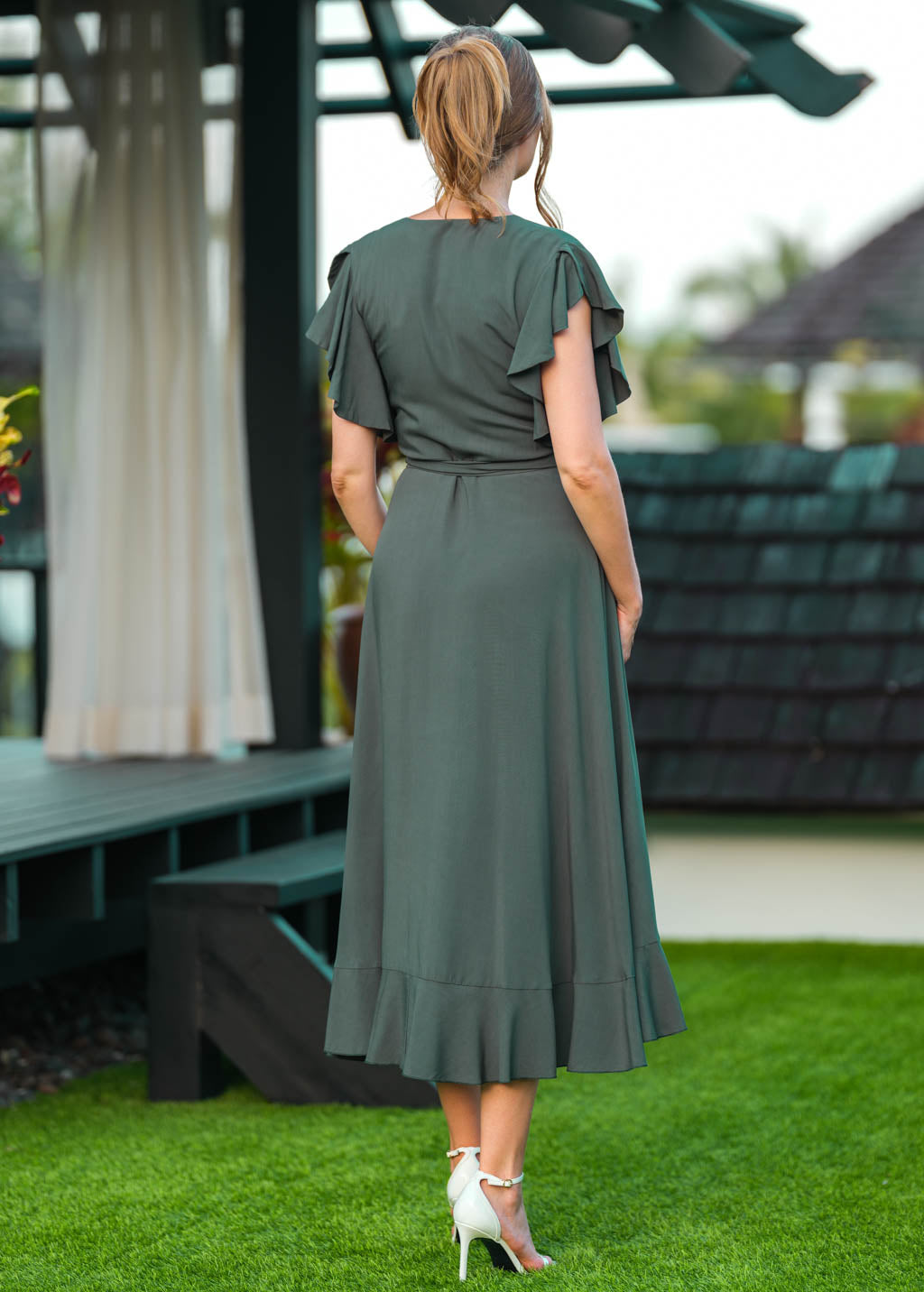 Dark Green romantic wrap dress