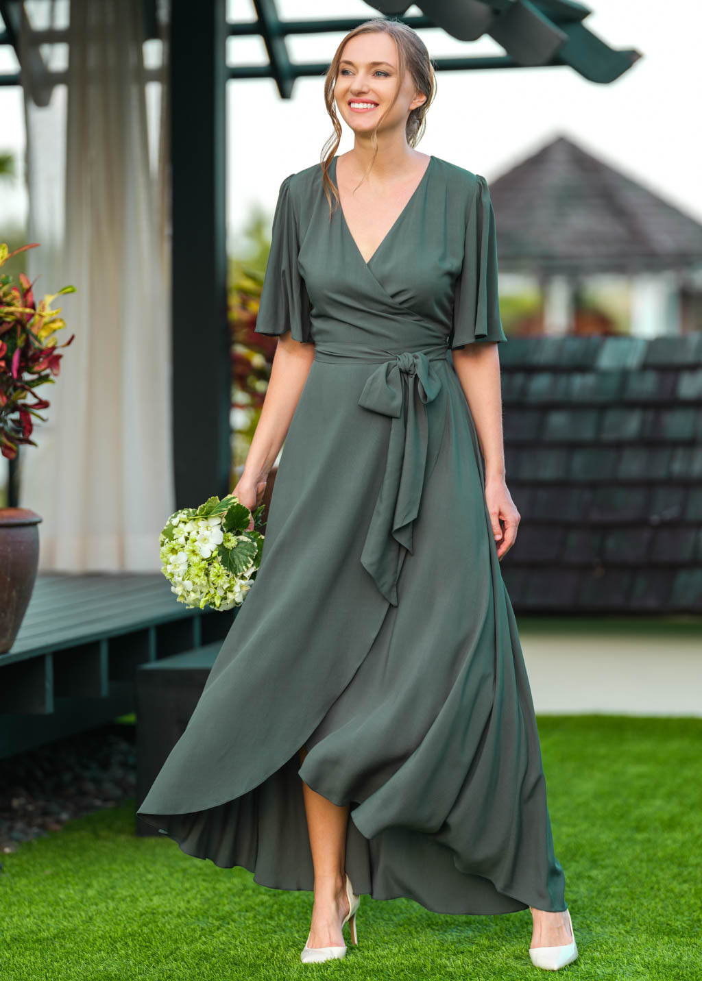 Dark Green romantic wrap dress