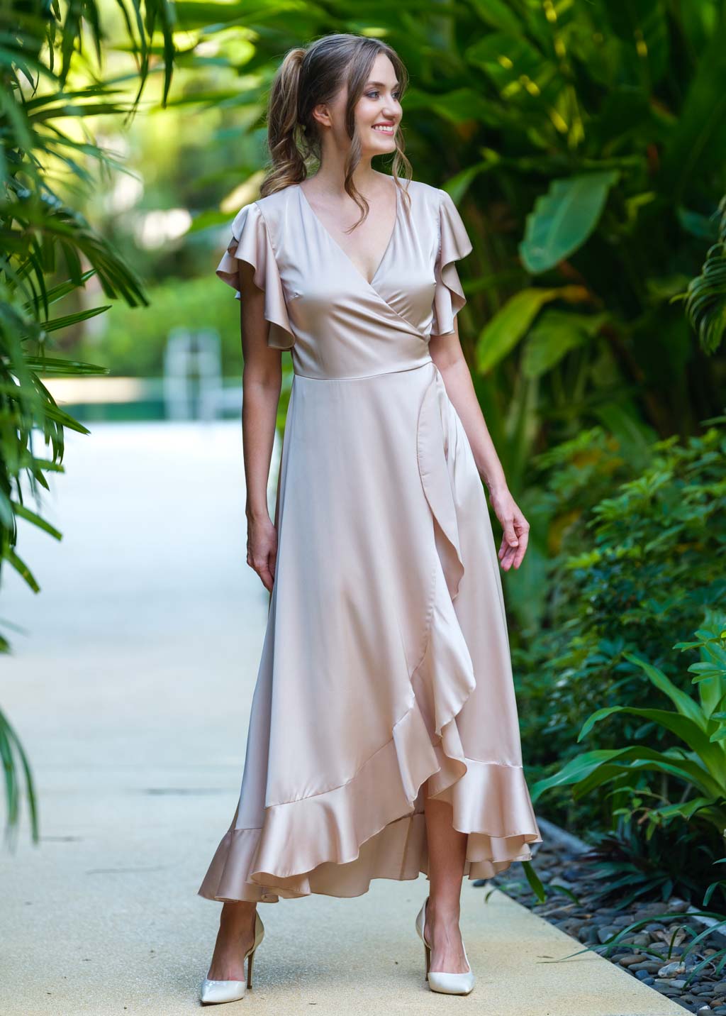 Champagne beige wrap silk dress