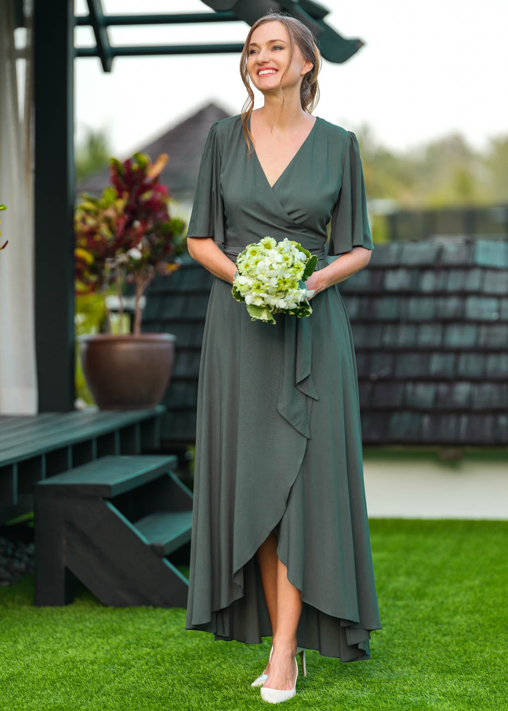 Dark Green romantic wrap dress
