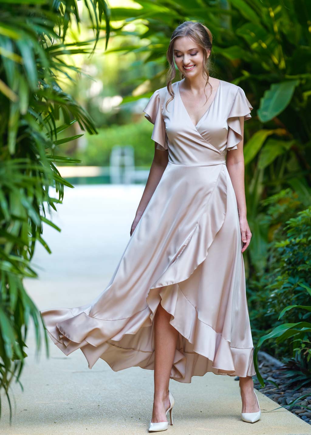 Champagne beige wrap silk dress