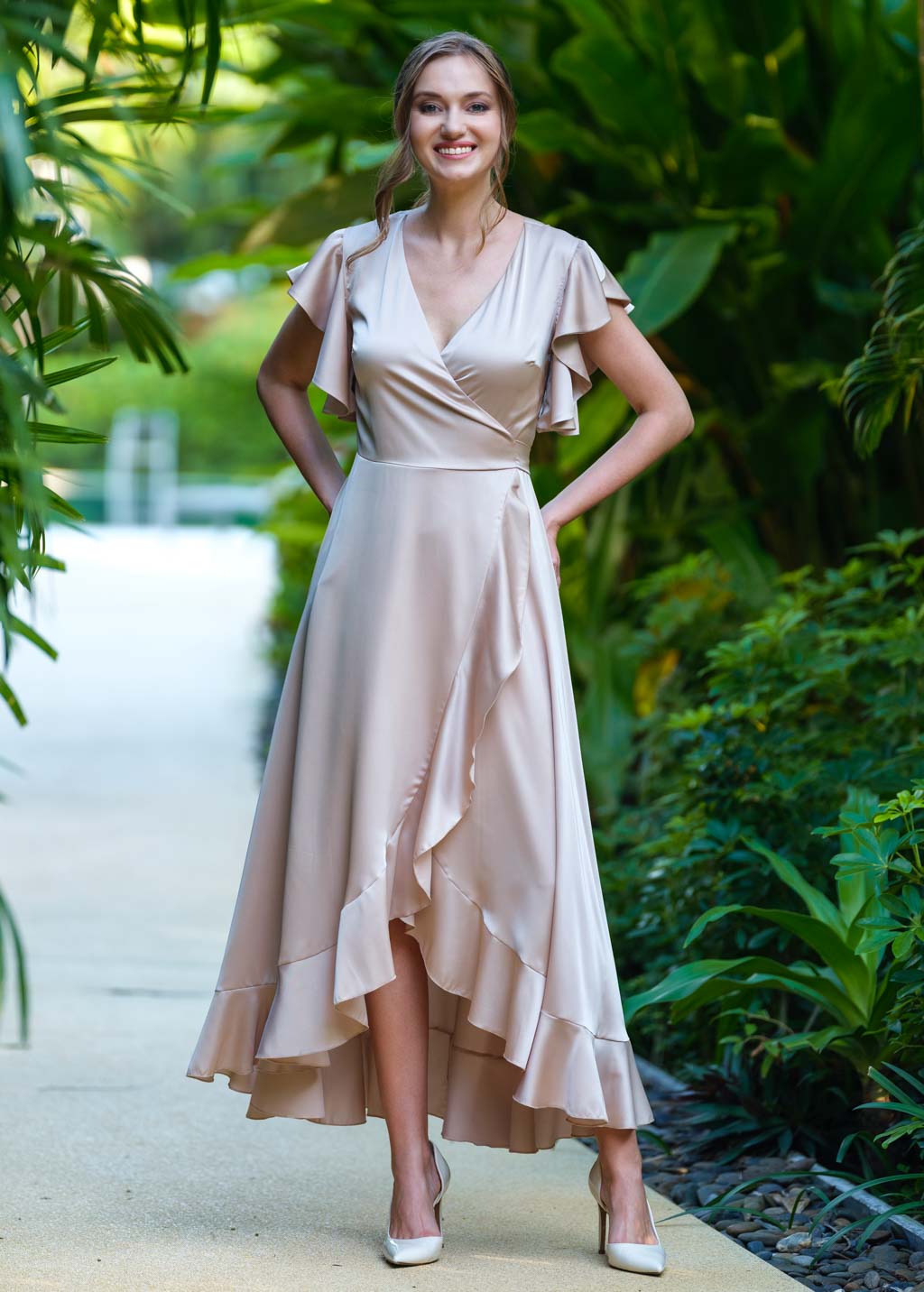 Champagne beige wrap silk dress