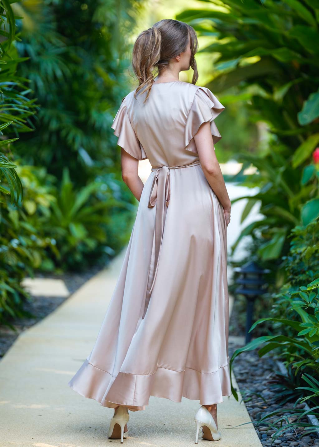 Champagne beige wrap silk dress