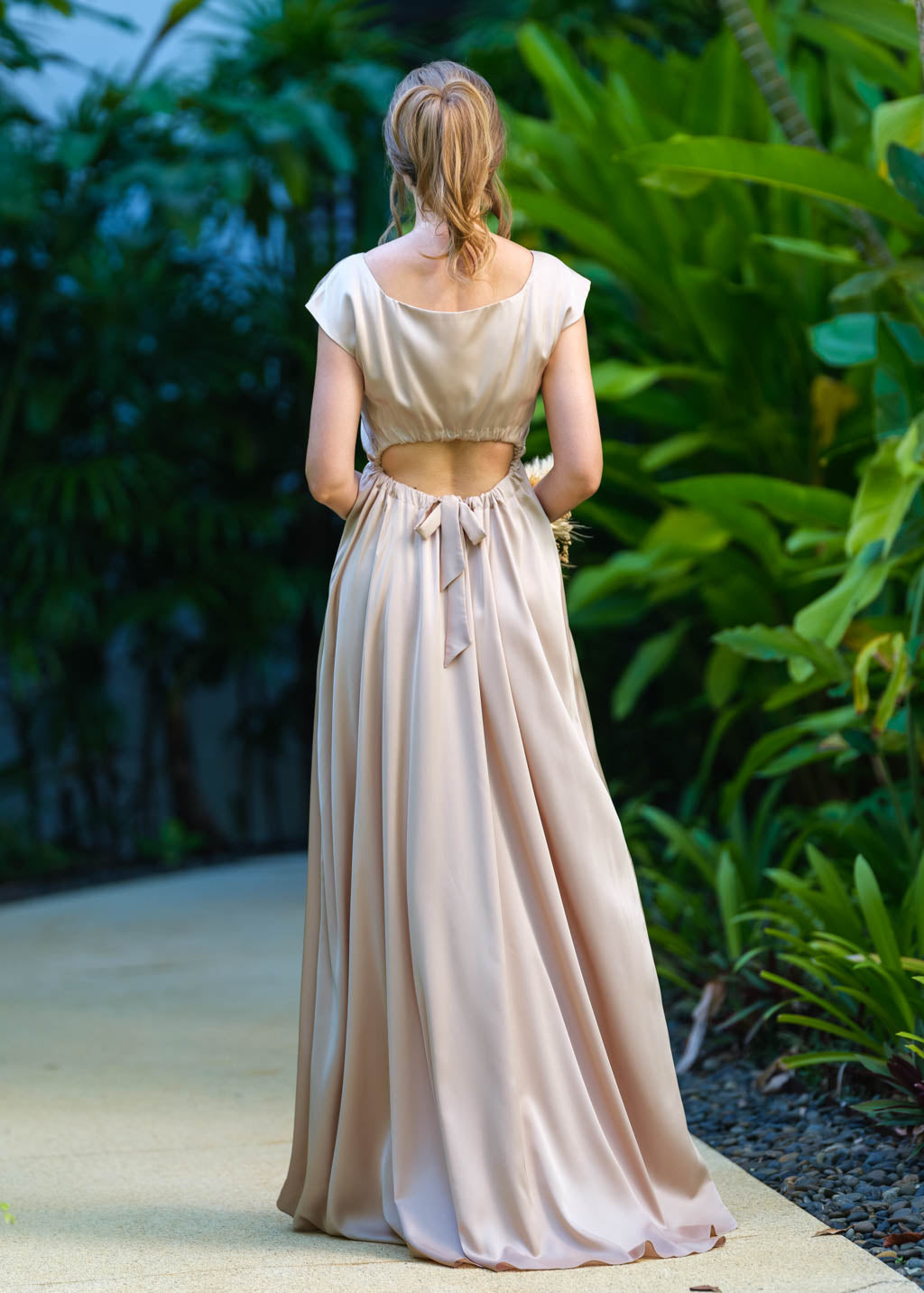Champagne beige silk long dress with tail