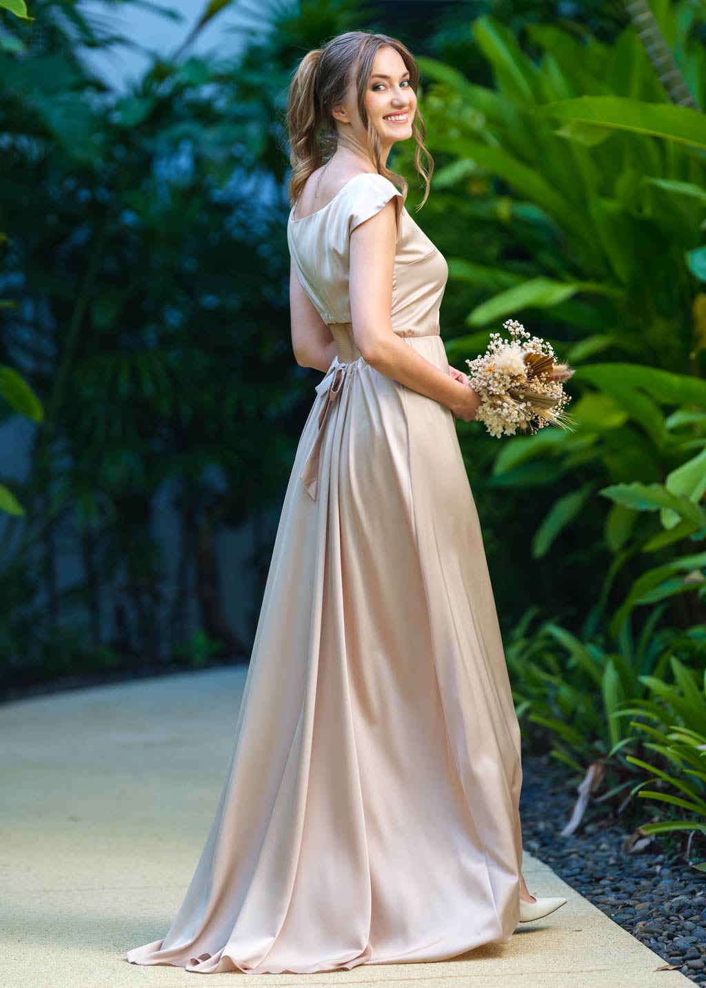 Champagne beige silk long dress with tail