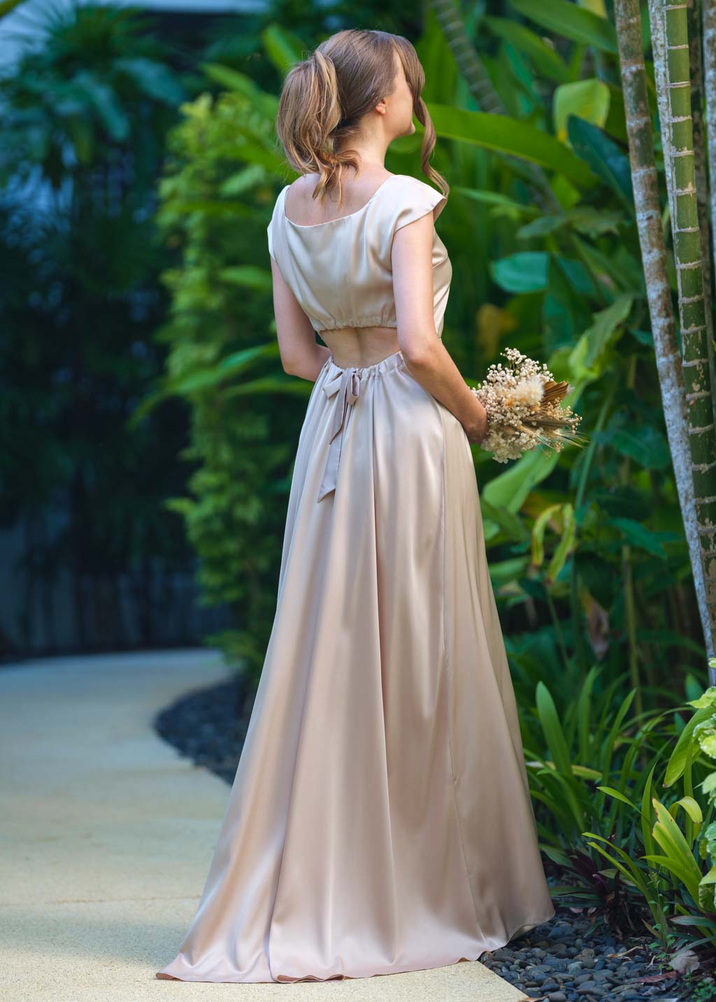 Champagne beige silk long dress with tail